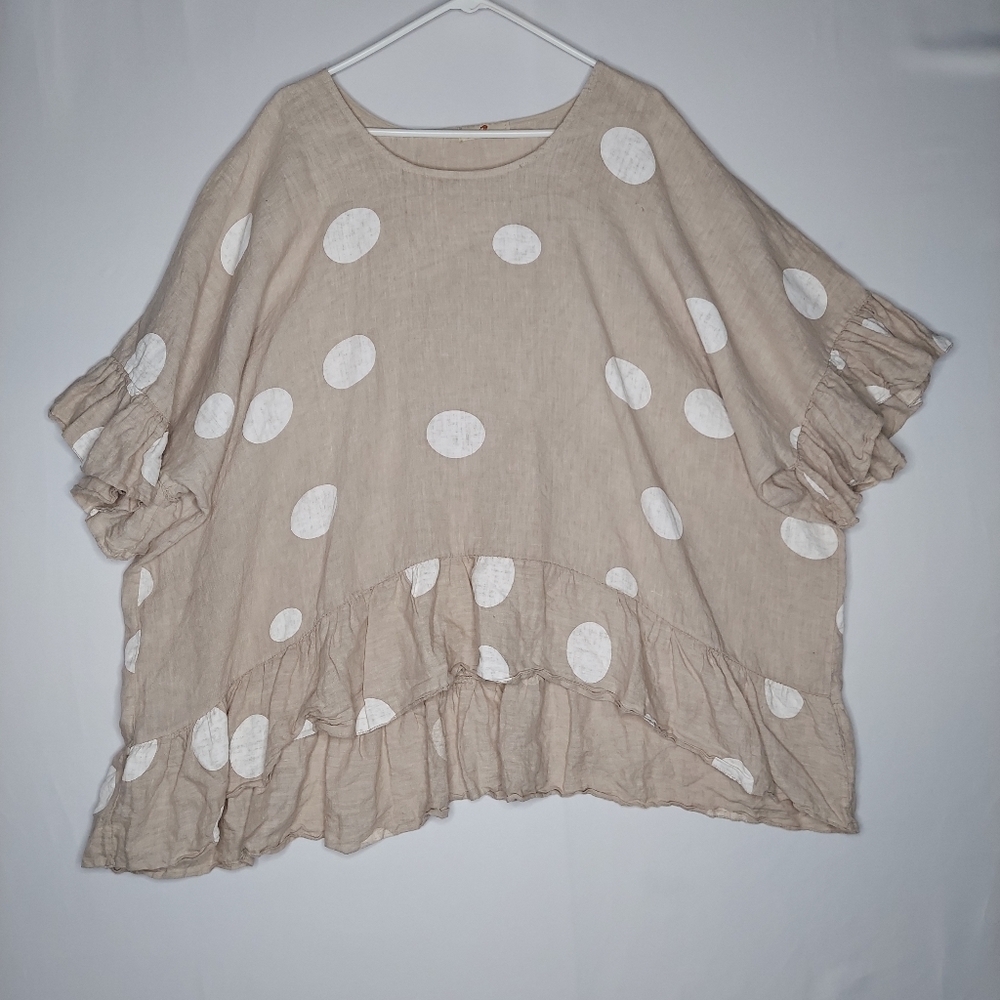 Lands Downunder Women Linen Polka Dot Top Plus One Size Lagenlook Shabby Chic